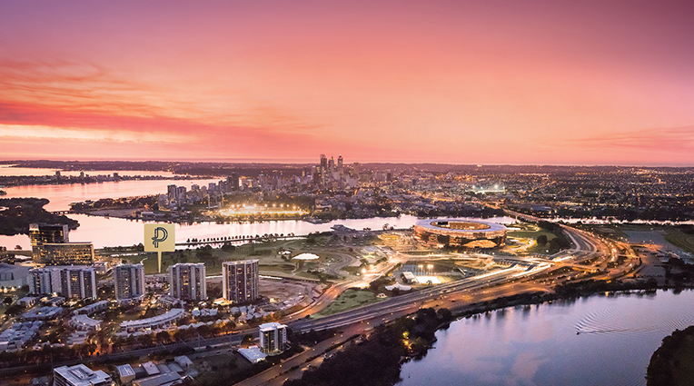 The Peninsula Burswood by Mirvac aerial of development, river and city