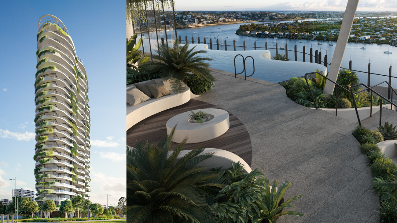 Exterior Render of Quay Waterfront Newstead with Proposed Quay Resort Rooftop Pool Render