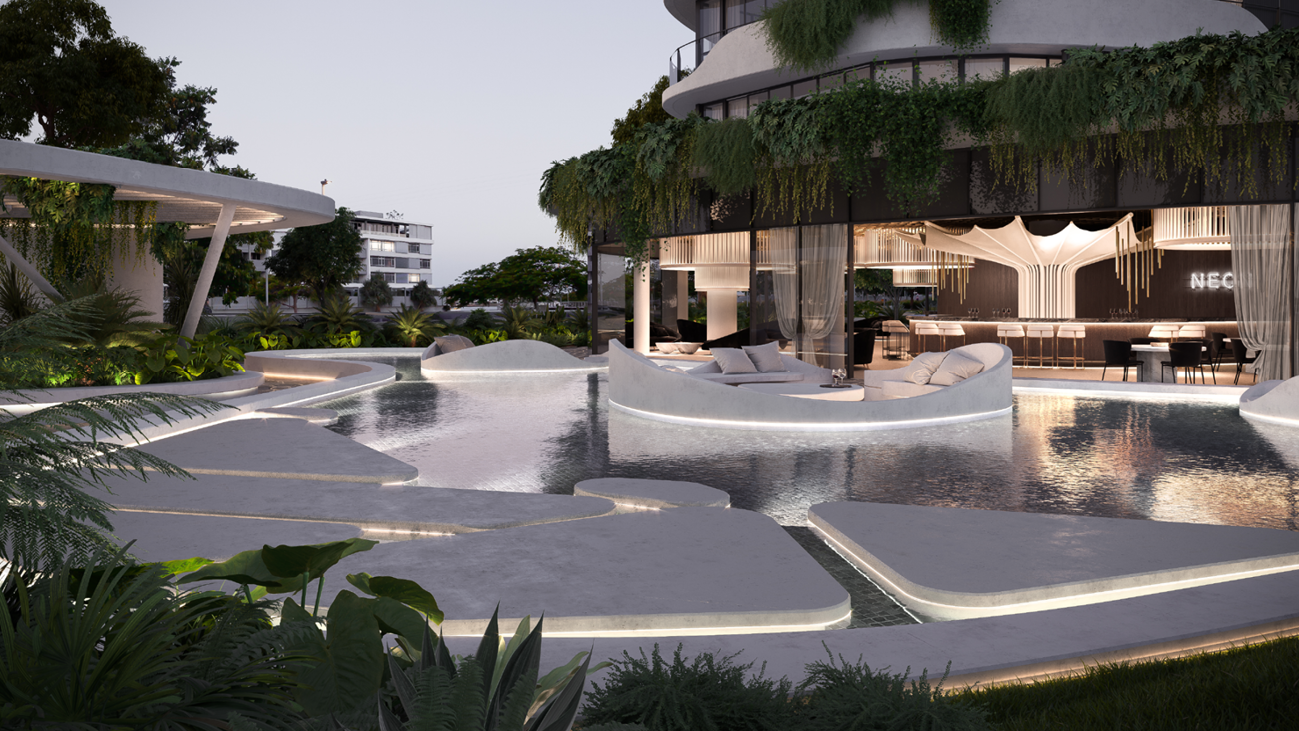 Seating pods and proposed retail space Render