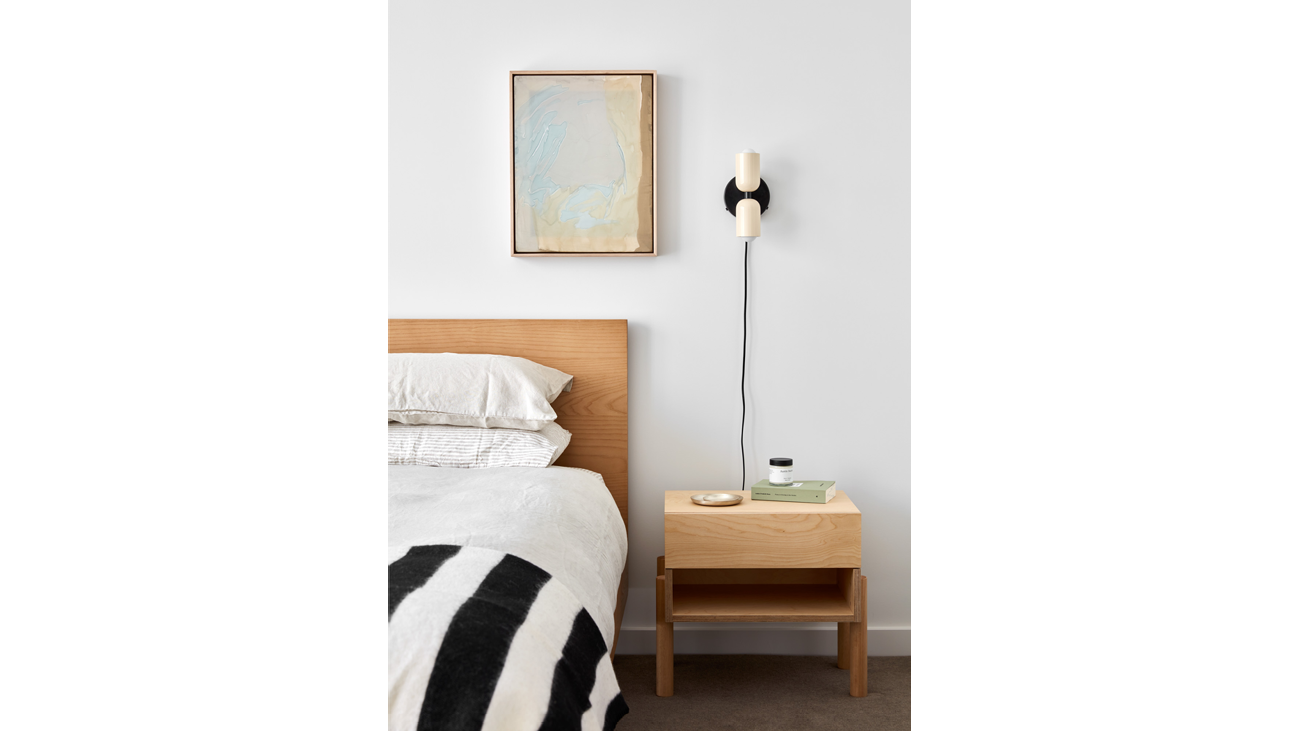 Bed and base by Koala, bedside table by Plyroom, 100% French Linen by Carlotta + Gee